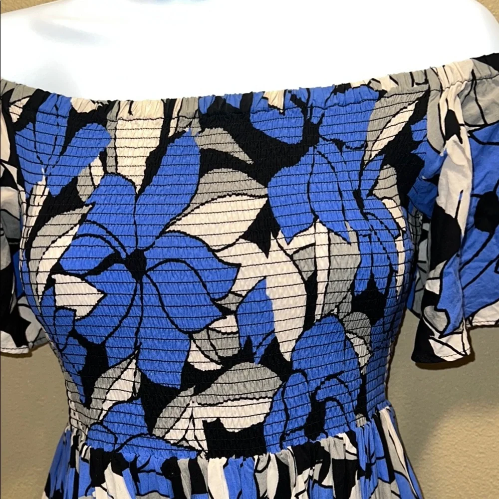 Free People Women’s Blue & Black Smocked Bodice Ruffled Sleeve Mini Dress SZ S